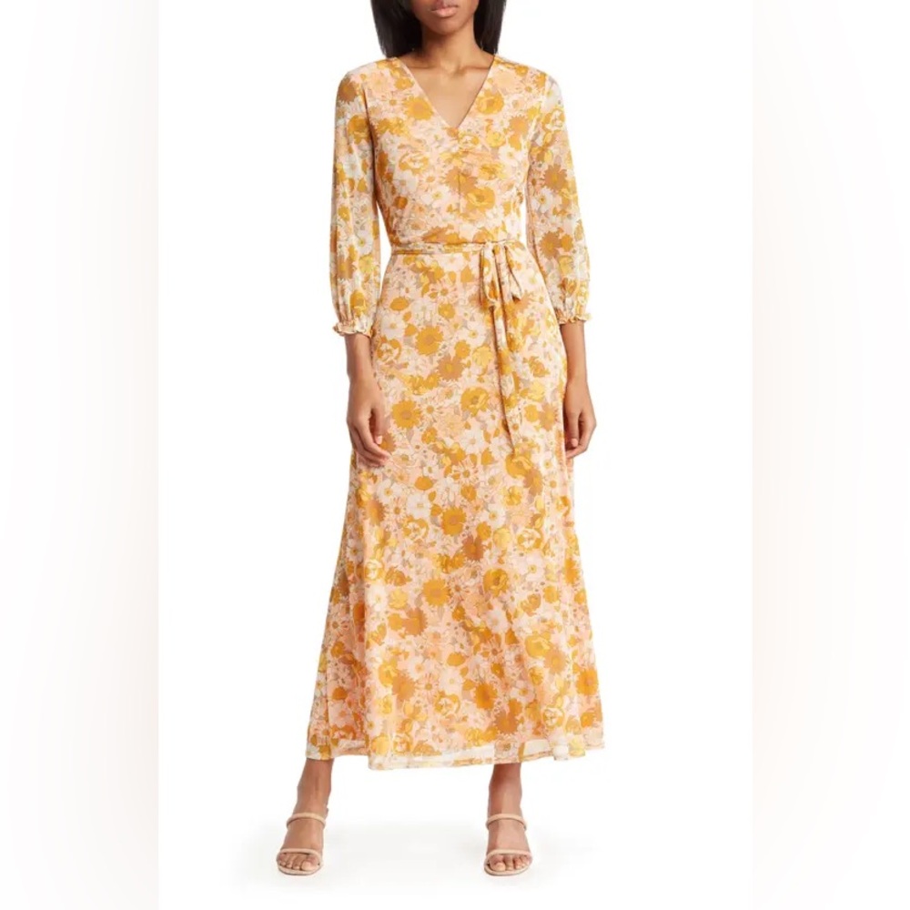 Harlow & Rose Maxi Dress Womens Size Medium Coral Mesh Retro Floral Boho Mod